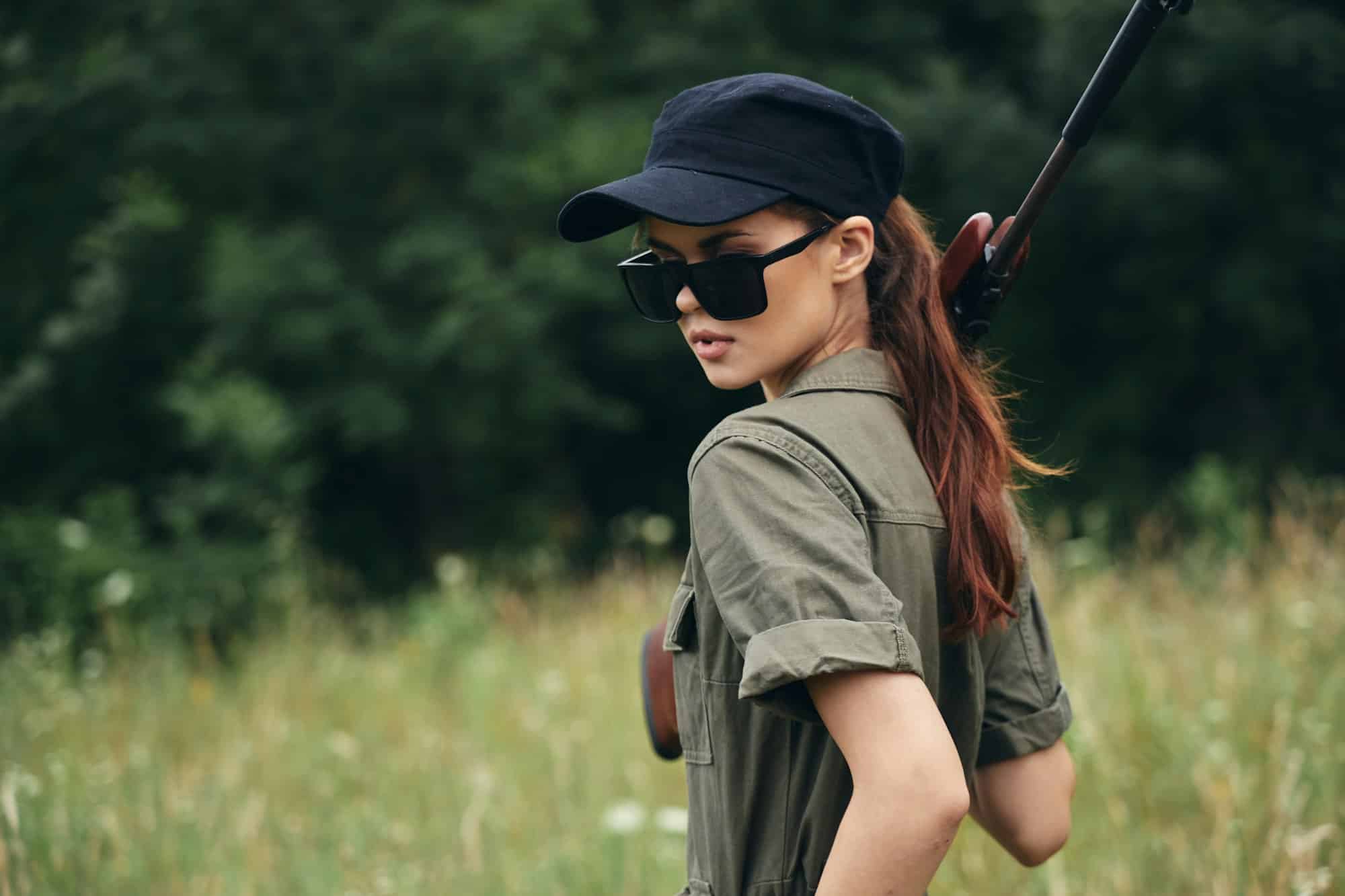 Woman Sunglasses shotgun green jumpsuit fresh air